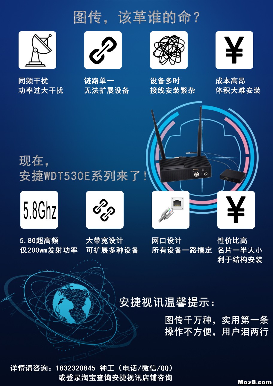 图传，数字高清图传，5.8G图传，透传串口，RJ45 天线,图传,zigbee串口透传 作者:钟显杞-安捷视讯 4941 
